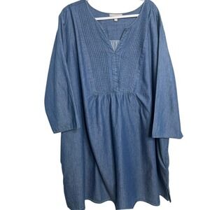 Woman Within Denim Tunic Women 3X Blue Plus Size Pintuck V-Neck Chambray
